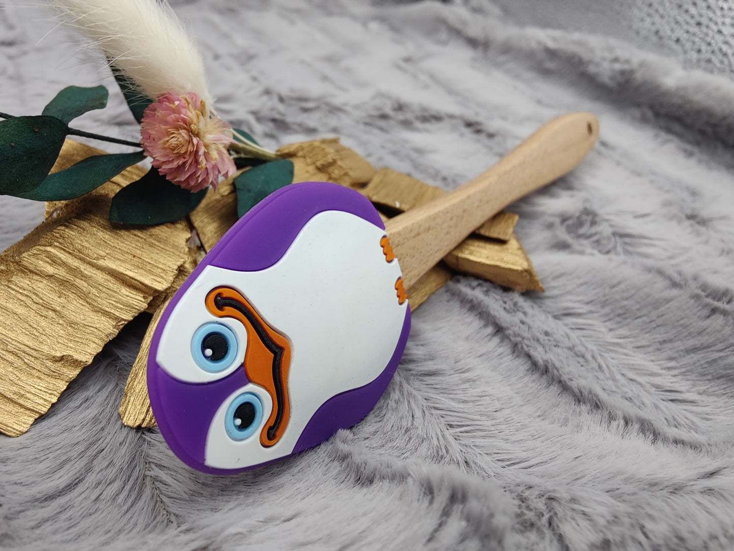 Teigschaber Silikonspatel Pinguin lila  backen, kochen ca. 21 cm lang mit Wunschgravur personalisiert Geschenk