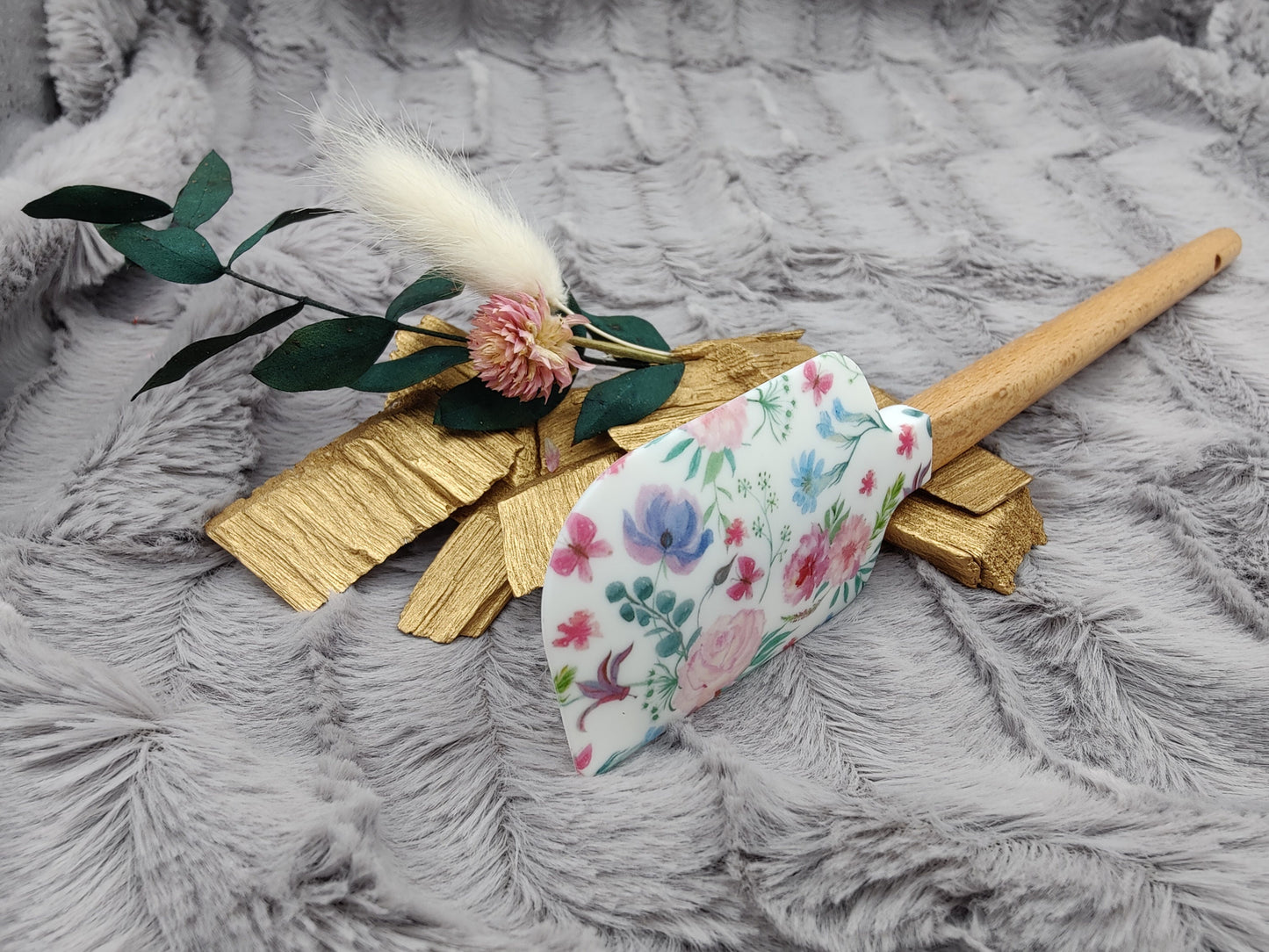 Teigschaber Silikonspatel weiß Blumenmuster floral  backen, kochen ca. 23 cm lang mit Wunschgravur personalisiert Geschenk