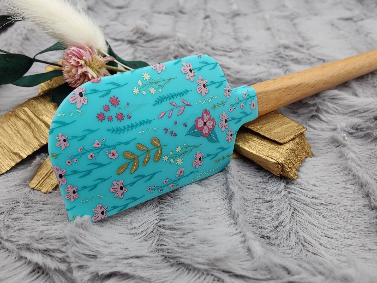 Teigschaber Silikonspatel türkis mint Blumen floral  backen, kochen ca. 23 cm lang mit Wunschgravur personalisiert Geschenk