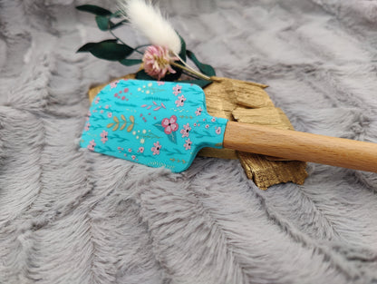 Teigschaber Silikonspatel türkis mint Blumen floral  backen, kochen ca. 23 cm lang mit Wunschgravur personalisiert Geschenk