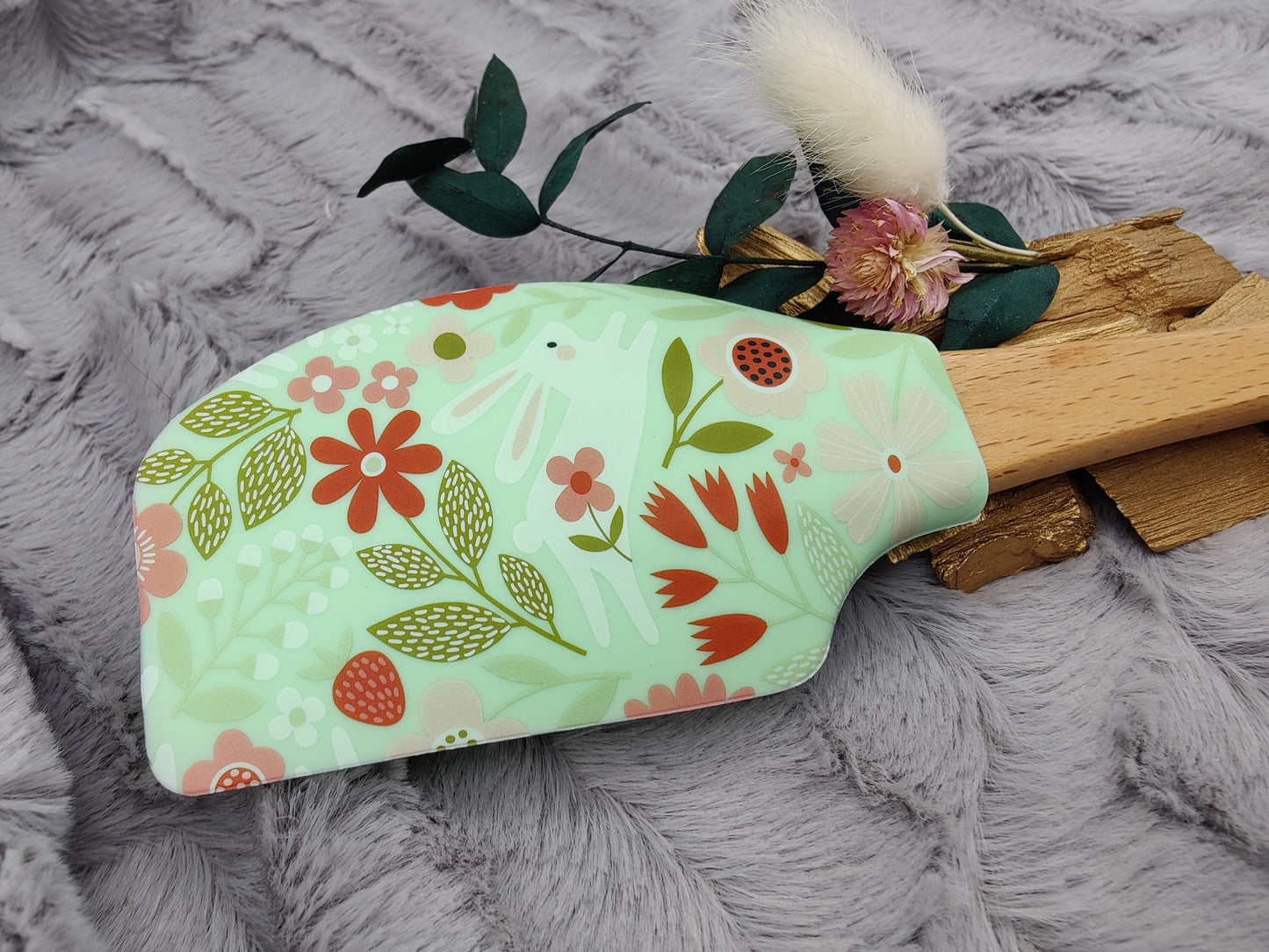 Teigschaber Silikonspatel XXXL mint mit Blumen Hase personalisiert Holz Spatel  backen kochen grillen ca. 31 cm lang