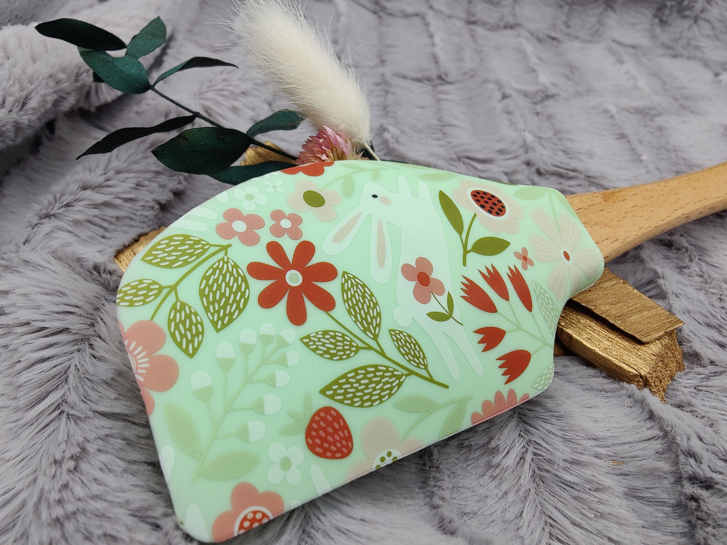 Teigschaber Silikonspatel XXXL mint mit Blumen Hase personalisiert Holz Spatel  backen kochen grillen ca. 31 cm lang