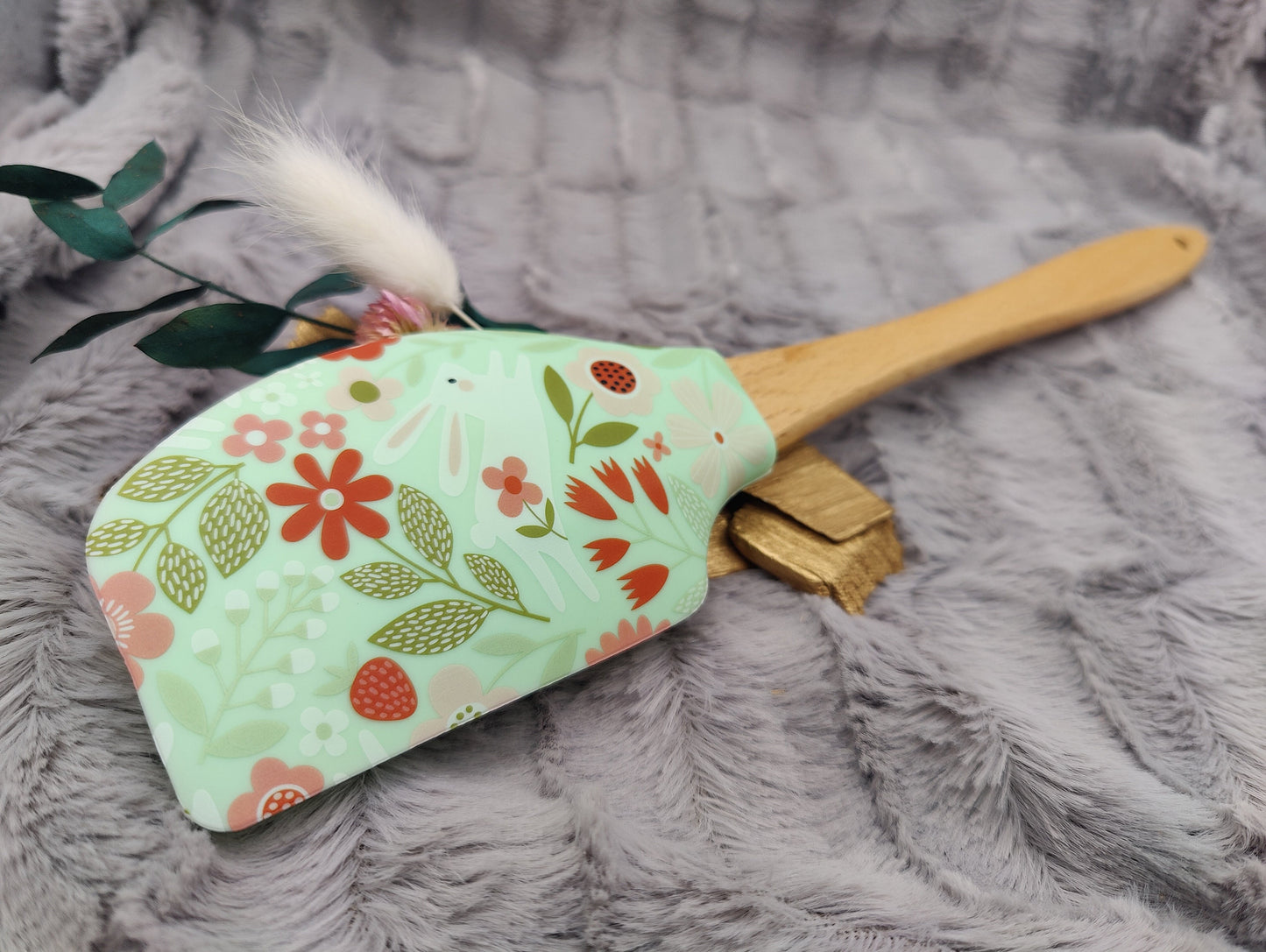 Teigschaber Silikonspatel XXXL mint mit Blumen Hase personalisiert Holz Spatel  backen kochen grillen ca. 31 cm lang