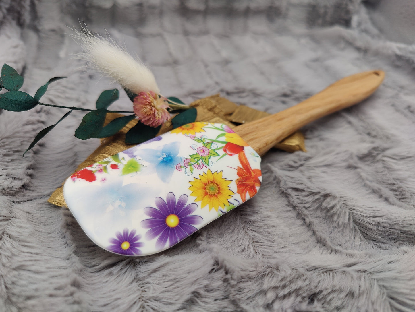 Teigschaber Silikonspatel buntes Blumenmuster  backen, kochen ca. 25 cm lang mit Wunschgravur personalisiert Geschenk
