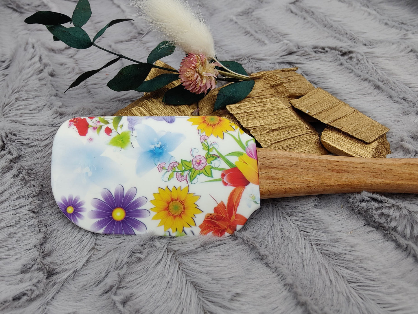 Teigschaber Silikonspatel buntes Blumenmuster  backen, kochen ca. 25 cm lang mit Wunschgravur personalisiert Geschenk