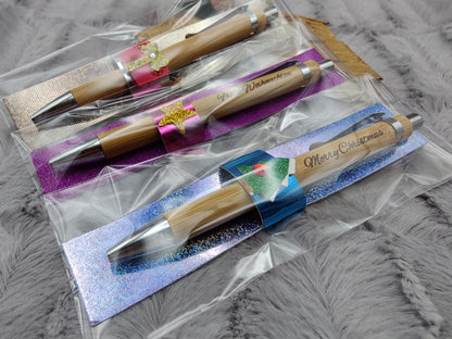 Kugelschreiber personalisiert Weihnachten Glitzer Deko Bambus individueller Gravur schwarz Kuli Stift Holz Geschenk Gift