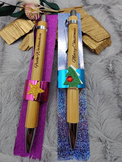 Kugelschreiber personalisiert Weihnachten Glitzer Deko Bambus individueller Gravur schwarz Kuli Stift Holz Geschenk Gift