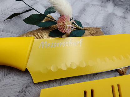 Personalisiertes Chefmesser mit Gravur | Scharfes Küchenmesser Edelstahl 17,5 cm | Messer mit Name & Klingenschutz | Antihaft-Beschichtung