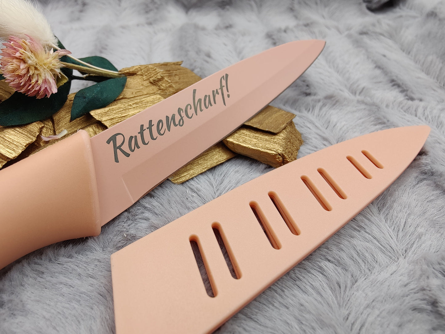 Personalisiertes Allzweckmesser Apricot mit Gravur | Scharfes Küchenmesser Edelstahl 12,5 cm | Universalmesser mit Name & Klingenschutz