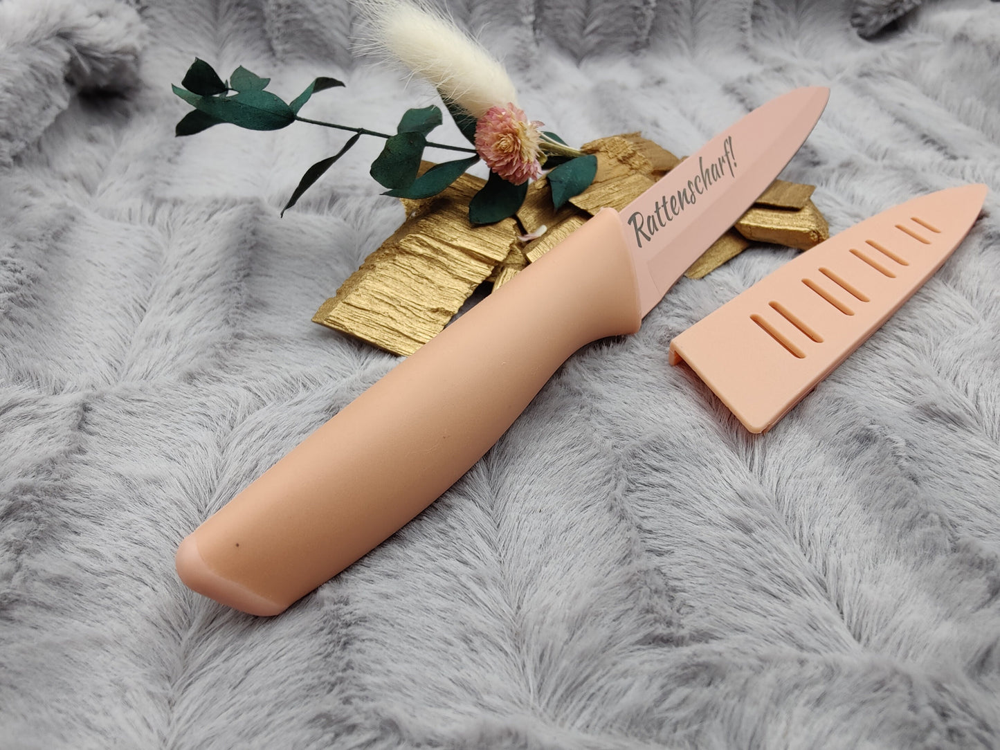 Personalisiertes Allzweckmesser Apricot mit Gravur | Scharfes Küchenmesser Edelstahl 12,5 cm | Universalmesser mit Name & Klingenschutz