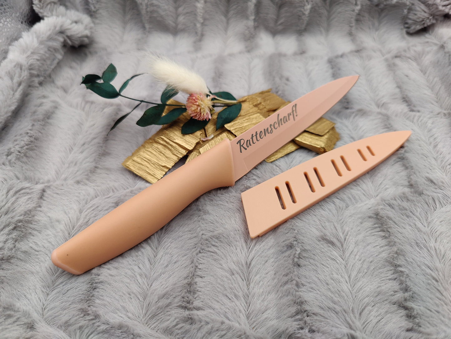 Personalisiertes Allzweckmesser Apricot mit Gravur | Scharfes Küchenmesser Edelstahl 12,5 cm | Universalmesser mit Name & Klingenschutz