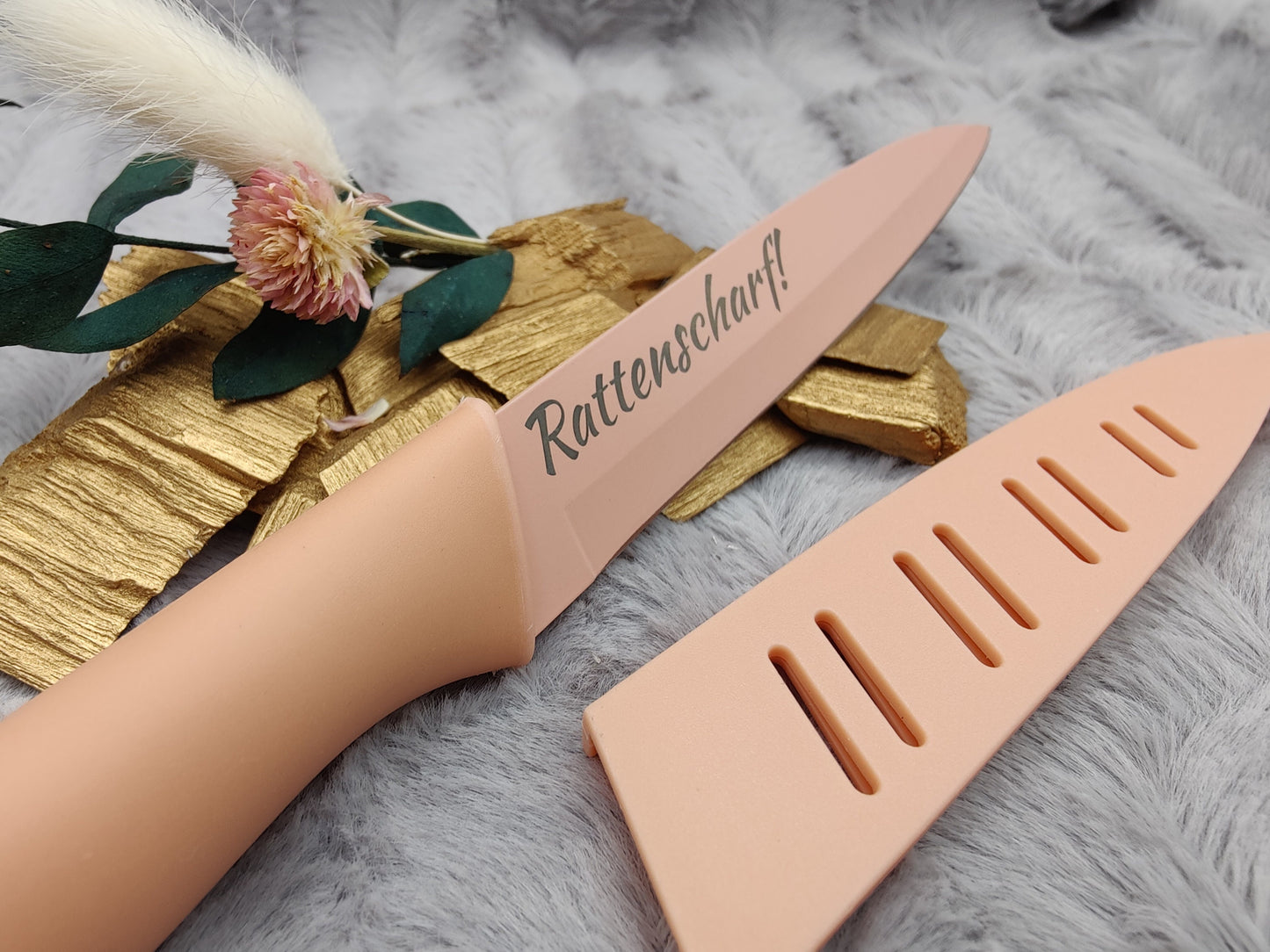 Personalisiertes Allzweckmesser Apricot mit Gravur | Scharfes Küchenmesser Edelstahl 12,5 cm | Universalmesser mit Name & Klingenschutz