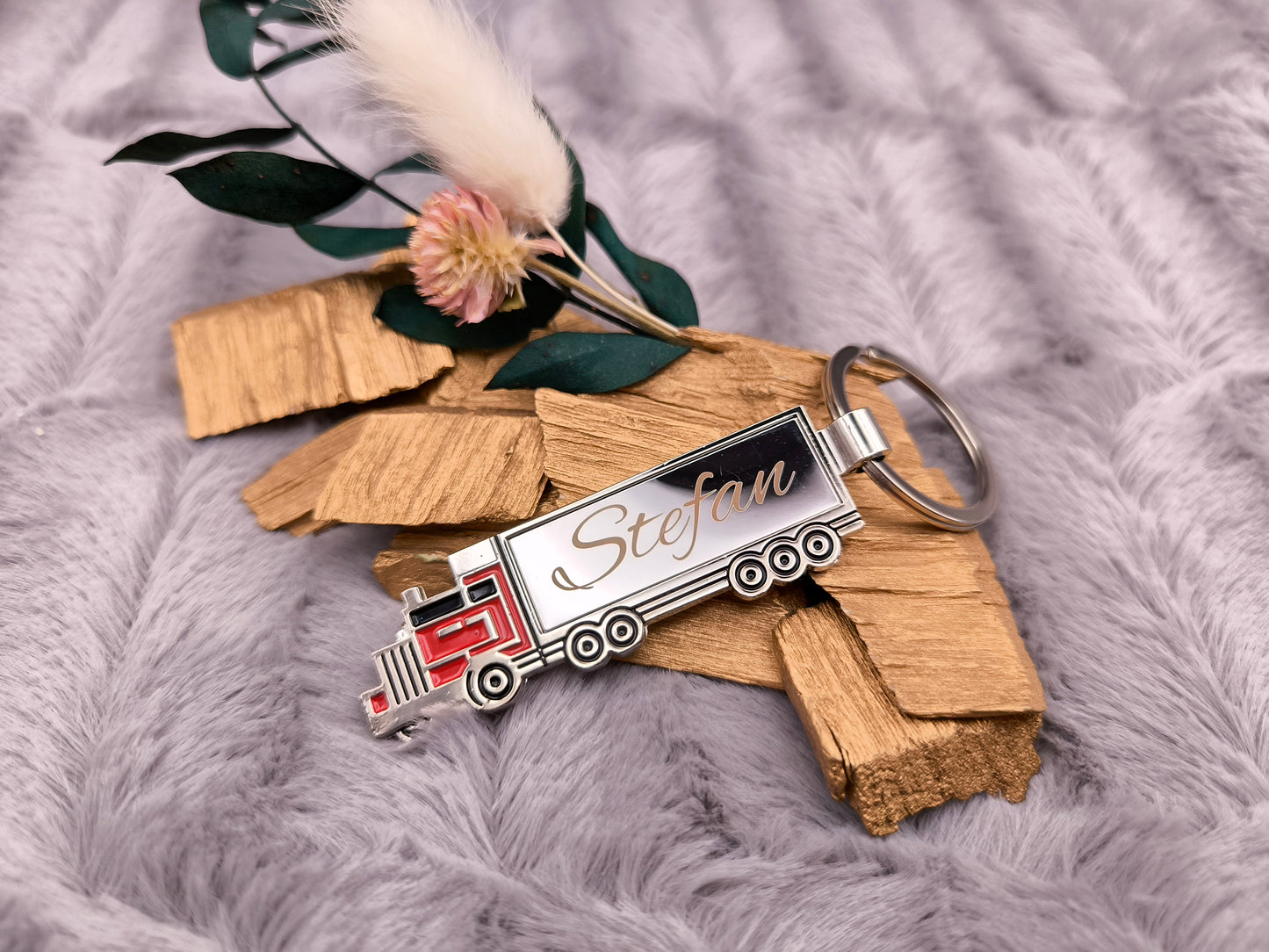 Schlüsselanhänger personalisiert LKW flach Truck Brummi Papa Edelstahl mit Gravur Geschenk