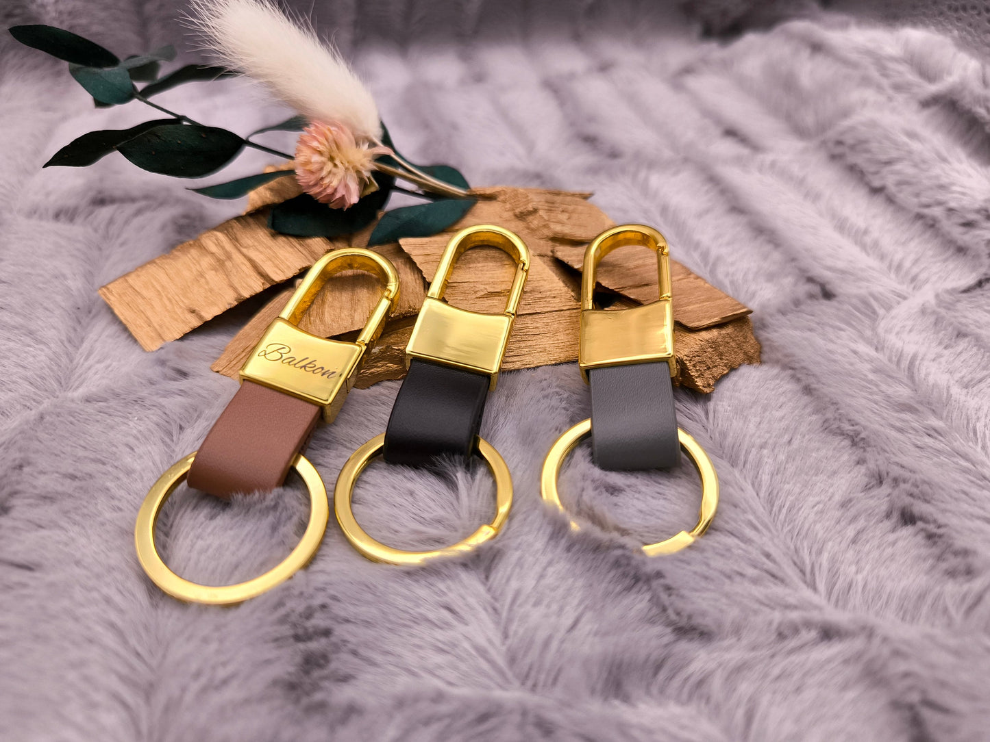 Schlüsselanhänger gold personalisiert Karabiner Kunstleder mit individueller Gravur 3 Farben zur Auswahl Geschenk