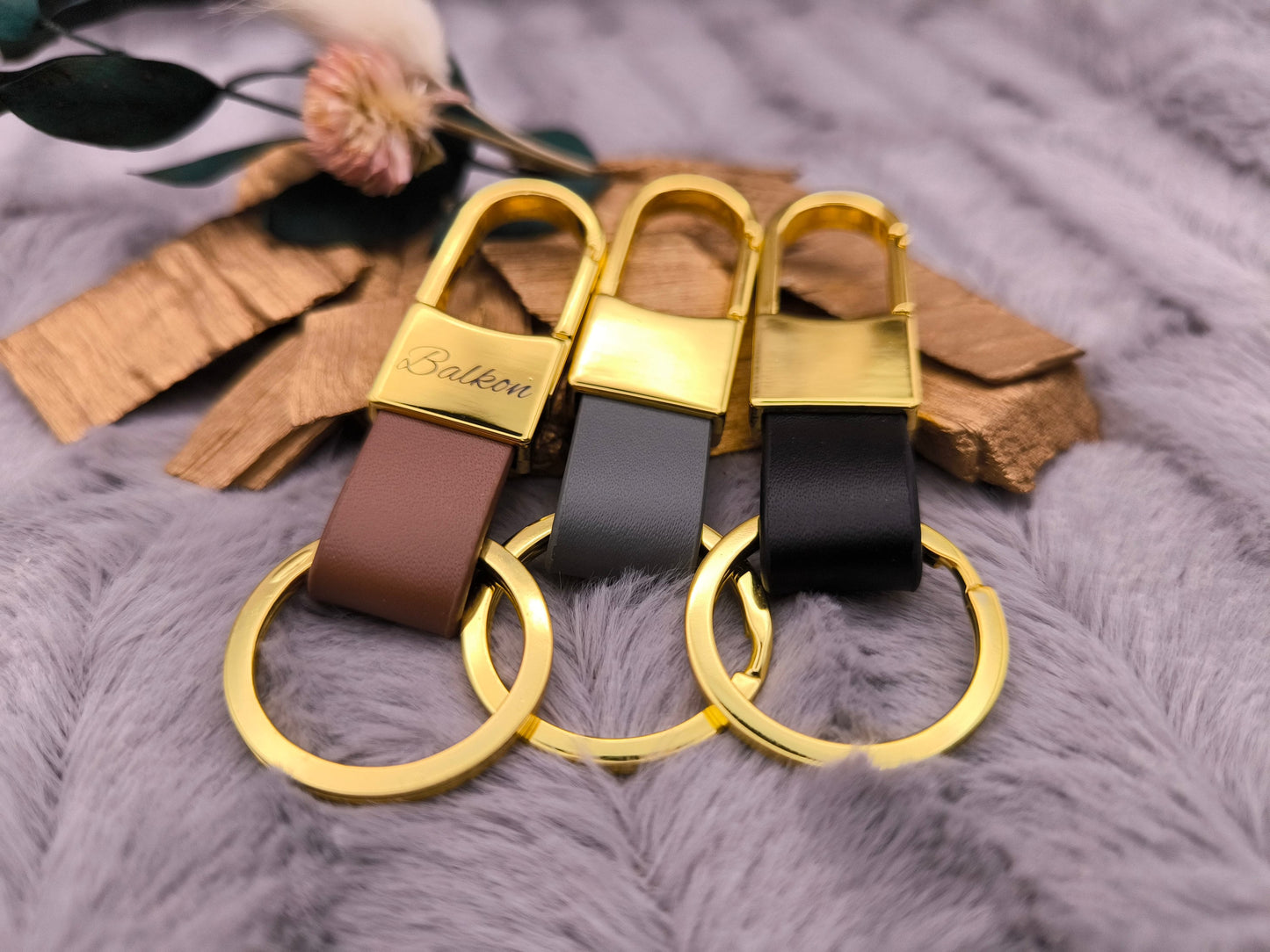 Schlüsselanhänger gold personalisiert Karabiner Kunstleder mit individueller Gravur 3 Farben zur Auswahl Geschenk