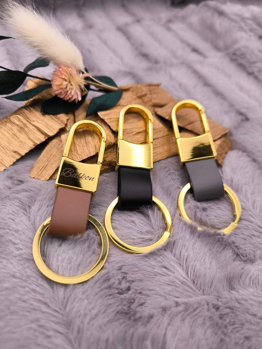 Schlüsselanhänger gold personalisiert Karabiner Kunstleder mit individueller Gravur 3 Farben zur Auswahl Geschenk