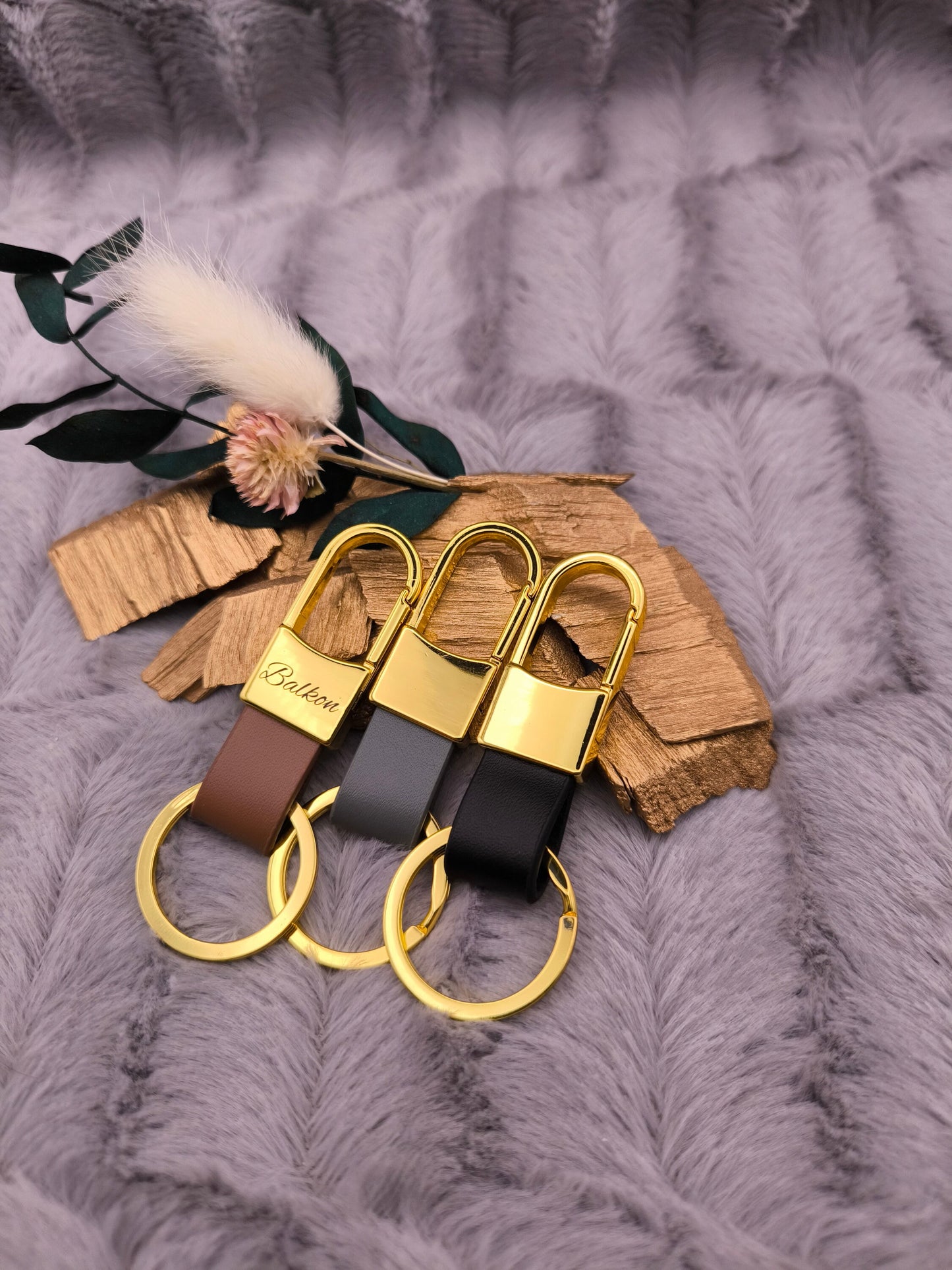 Schlüsselanhänger gold personalisiert Karabiner Kunstleder mit individueller Gravur 3 Farben zur Auswahl Geschenk