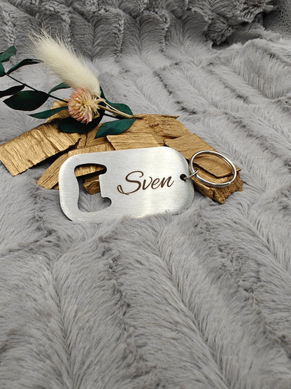 Schlüsselanhänger Flaschenöffner Edelstahl rechteckig mit Wunschgravur individueller Gravur Geschenk Geschenkidee personalisiert