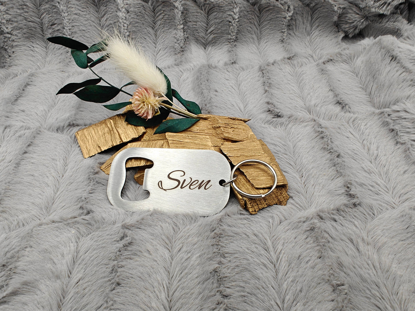 Schlüsselanhänger Flaschenöffner Edelstahl rechteckig mit Wunschgravur individueller Gravur Geschenk Geschenkidee personalisiert