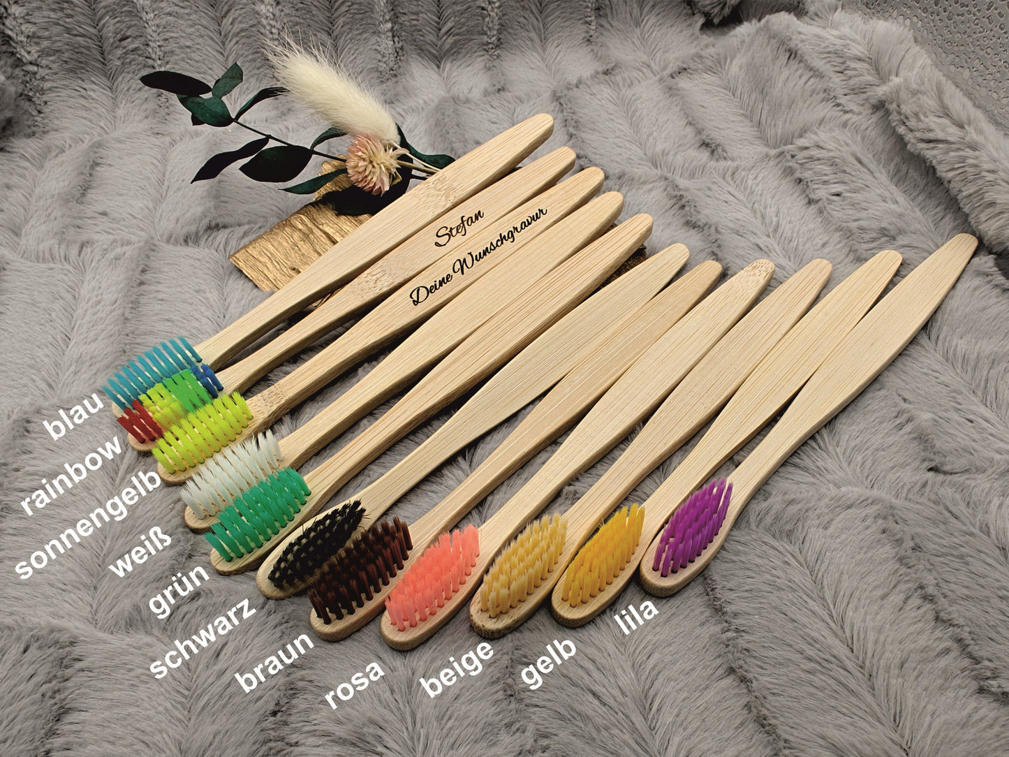 Zahnbürste personalisiert aus Bambus Holz 17,5 cm 11 Farben zur Wahl mit individueller Gravur ideales Geschenk