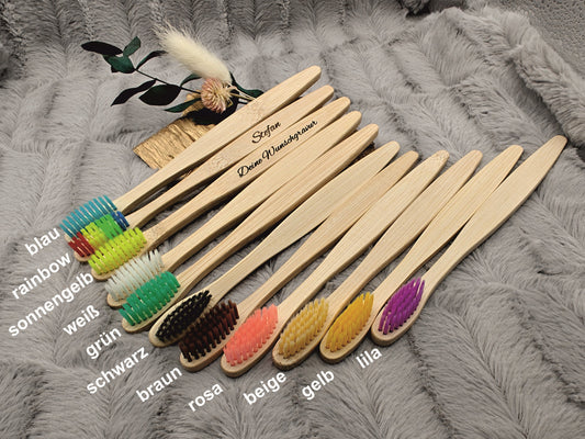 Zahnbürste personalisiert aus Bambus Holz 17,5 cm 11 Farben zur Wahl mit individueller Gravur ideales Geschenk