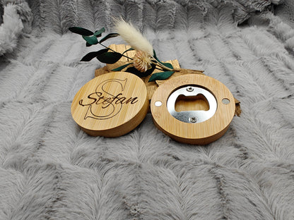 Flaschenöffner personalisiert rund aus Bambus mit individueller Gravur Geschenk Geschenkidee
