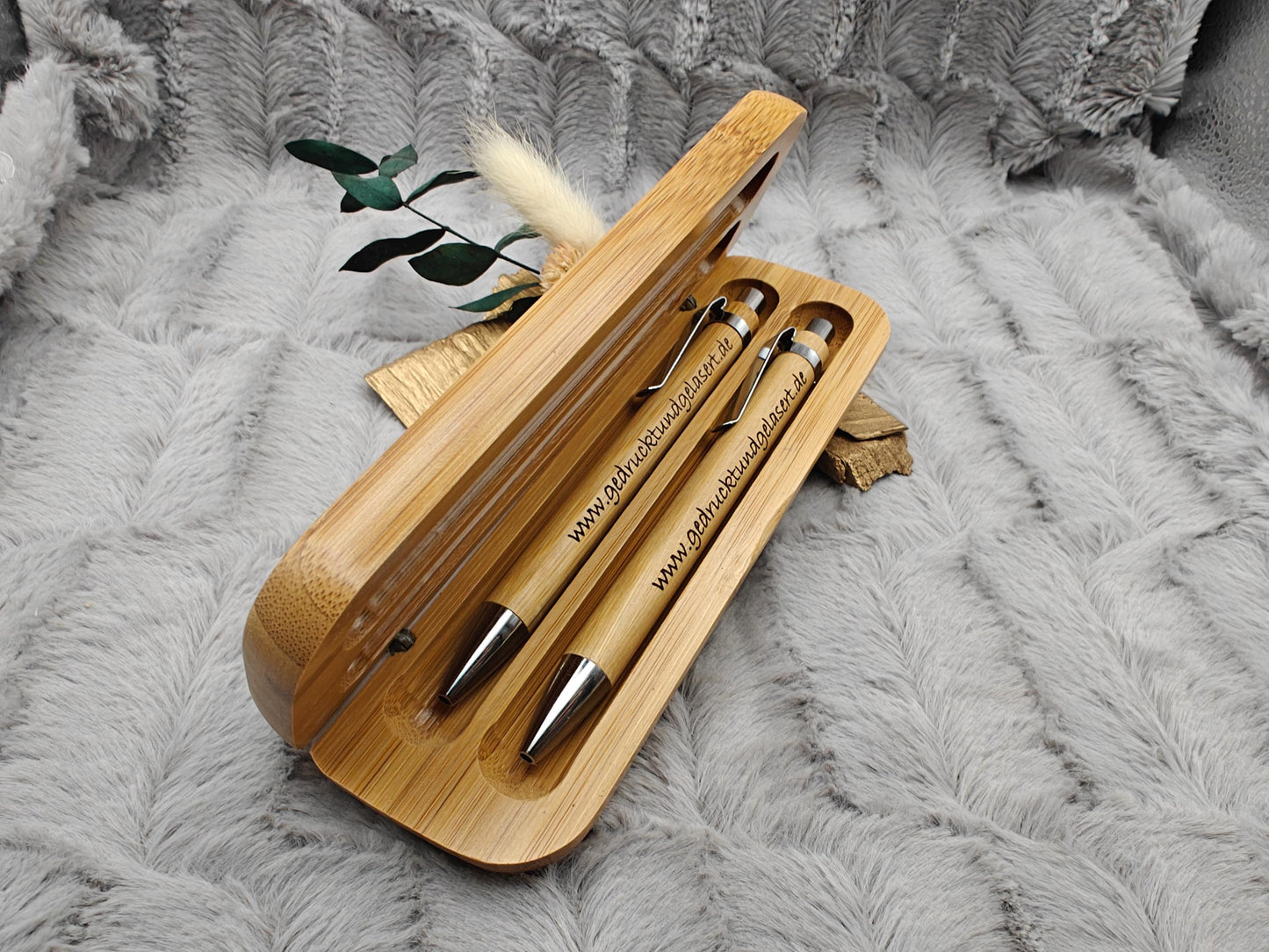 2er Set Kugelschreiber personalisiert aus Bambus mit Holzetui Kuli Stift Geschenk Gift
