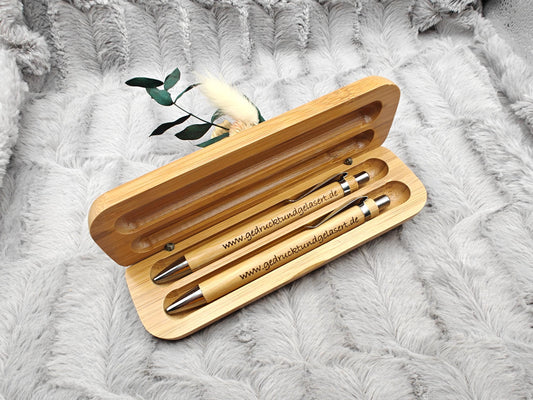 2er Set Kugelschreiber personalisiert aus Bambus mit Holzetui Kuli Stift Geschenk Gift
