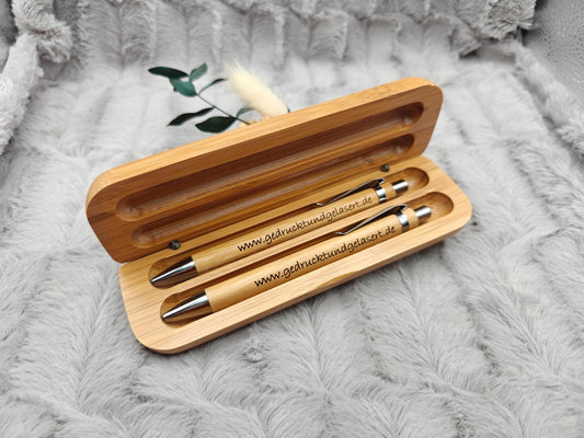 2er Set Kugelschreiber personalisiert aus Bambus mit Holzetui Kuli Stift Geschenk Gift