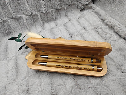 2er Set Kugelschreiber personalisiert aus Bambus mit Holzetui Kuli Stift Geschenk Gift