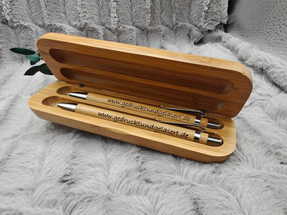 2er Set Kugelschreiber personalisiert aus Bambus mit Holzetui Kuli Stift Geschenk Gift