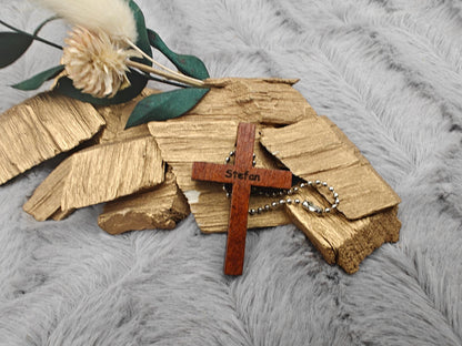 Schlüsselanhänger Kreuz aus Holz mit Gravur und Kugelkette 41x28x5mm Geschenk Christlich Glaube Kirche