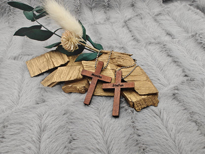 Schlüsselanhänger Kreuz aus Holz mit Gravur und Kugelkette 41x28x5mm Geschenk Christlich Glaube Kirche