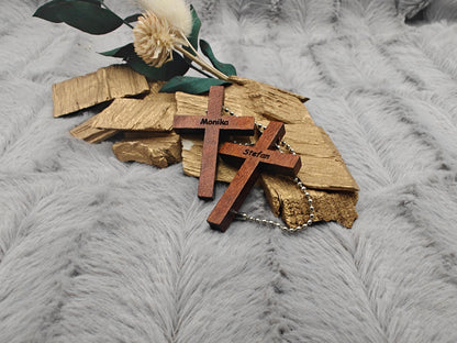 Schlüsselanhänger Kreuz aus Holz mit Gravur und Kugelkette 41x28x5mm Geschenk Christlich Glaube Kirche