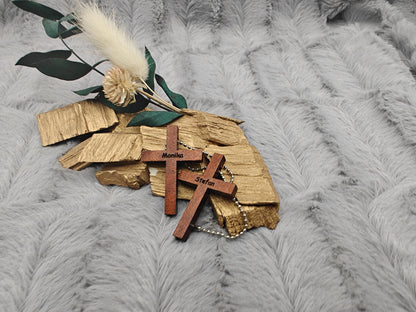 Schlüsselanhänger Kreuz aus Holz mit Gravur und Kugelkette 41x28x5mm Geschenk Christlich Glaube Kirche