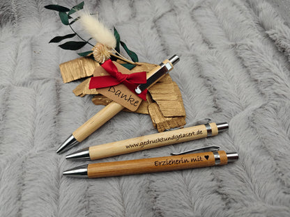 Kugelschreiber personalisiert aus Bambus mit Gravur Danke mit Schleife schwarz Kuli Stift Holz Gastgeschenk Geschenk Gift