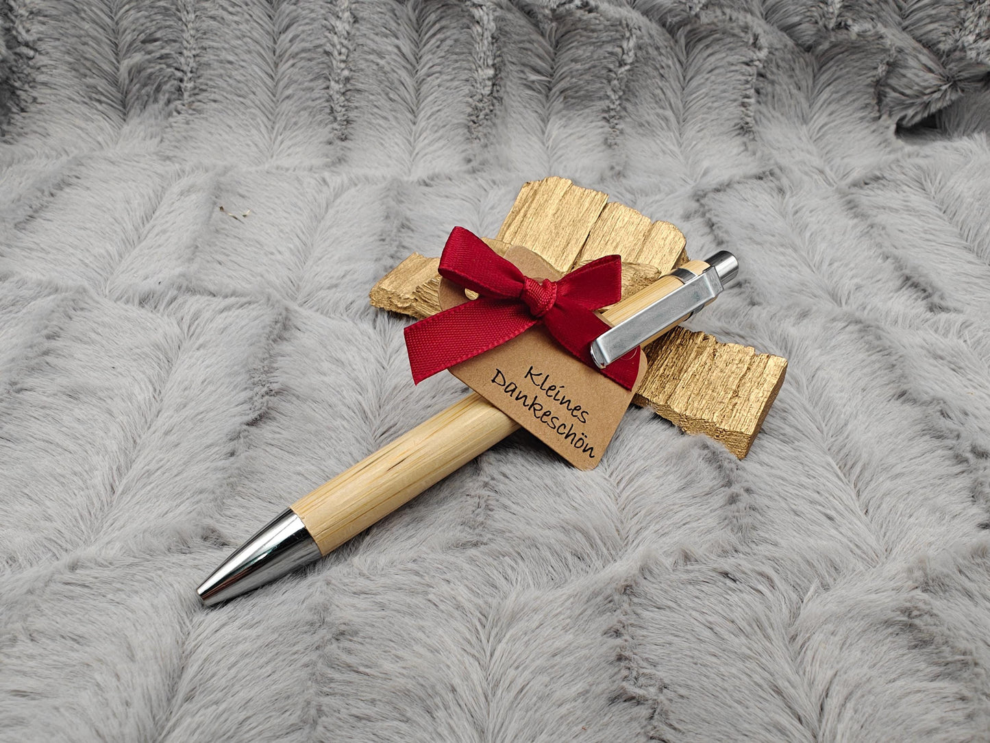 Kugelschreiber personalisiert aus Bambus mit Gravur Kleines Dankeschön mit Schleife schwarz Kuli Stift Holz Gastgeschenk Geschenk Gift