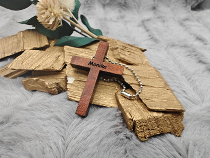 Schlüsselanhänger Kreuz aus Holz mit Gravur und Kugelkette 41x28x5mm Geschenk Christlich Glaube Kirche