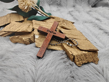 Schlüsselanhänger Kreuz aus Holz mit Gravur und Kugelkette 41x28x5mm Geschenk Christlich Glaube Kirche
