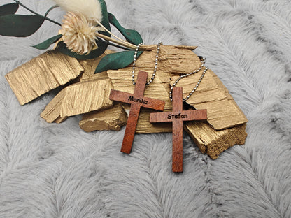 Schlüsselanhänger Kreuz aus Holz mit Gravur und Kugelkette 41x28x5mm Geschenk Christlich Glaube Kirche