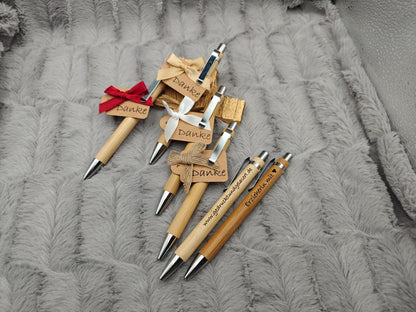 Kugelschreiber personalisiert aus Bambus mit Gravur Danke mit Schleife schwarz Kuli Stift Holz Gastgeschenk Geschenk Gift