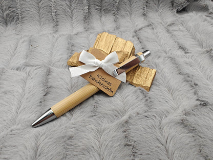 Kugelschreiber personalisiert aus Bambus mit Gravur Kleines Dankeschön mit Schleife schwarz Kuli Stift Holz Gastgeschenk Geschenk Gift