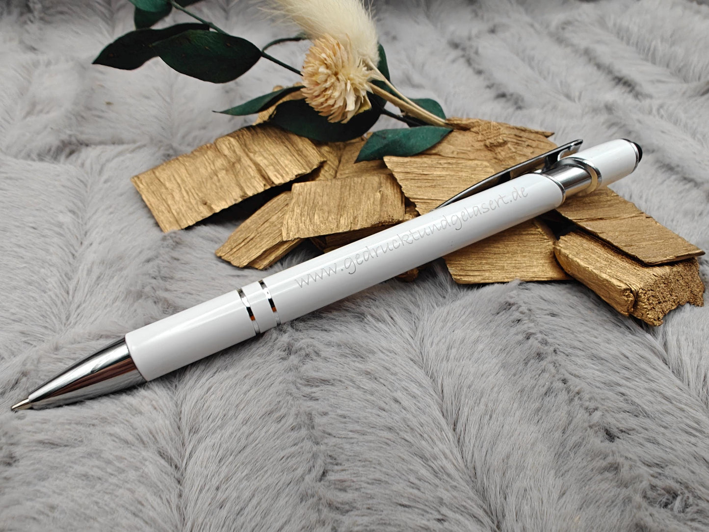 Kugelschreiber personalisiert mit Touchpen weiß aus Aluminium mit Gravur Kuli Stift Holz Gastgeschenk Geschenk