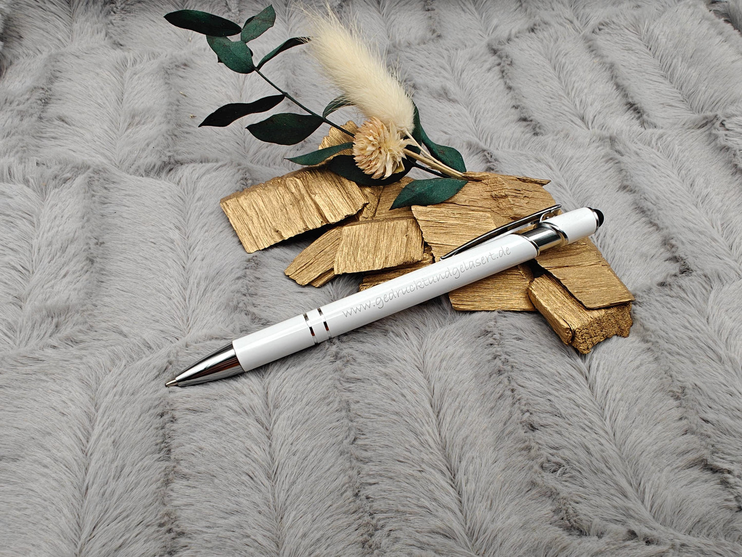 Kugelschreiber personalisiert mit Touchpen weiß aus Aluminium mit Gravur Kuli Stift Holz Gastgeschenk Geschenk