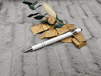 Kugelschreiber personalisiert mit Touchpen weiß aus Aluminium mit Gravur Kuli Stift Holz Gastgeschenk Geschenk