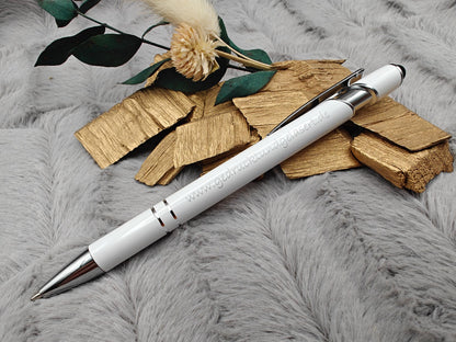 Kugelschreiber personalisiert mit Touchpen weiß aus Aluminium mit Gravur Kuli Stift Holz Gastgeschenk Geschenk