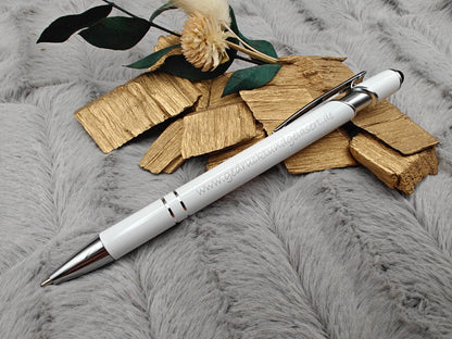 Kugelschreiber personalisiert mit Touchpen weiß aus Aluminium mit Gravur Kuli Stift Holz Gastgeschenk Geschenk