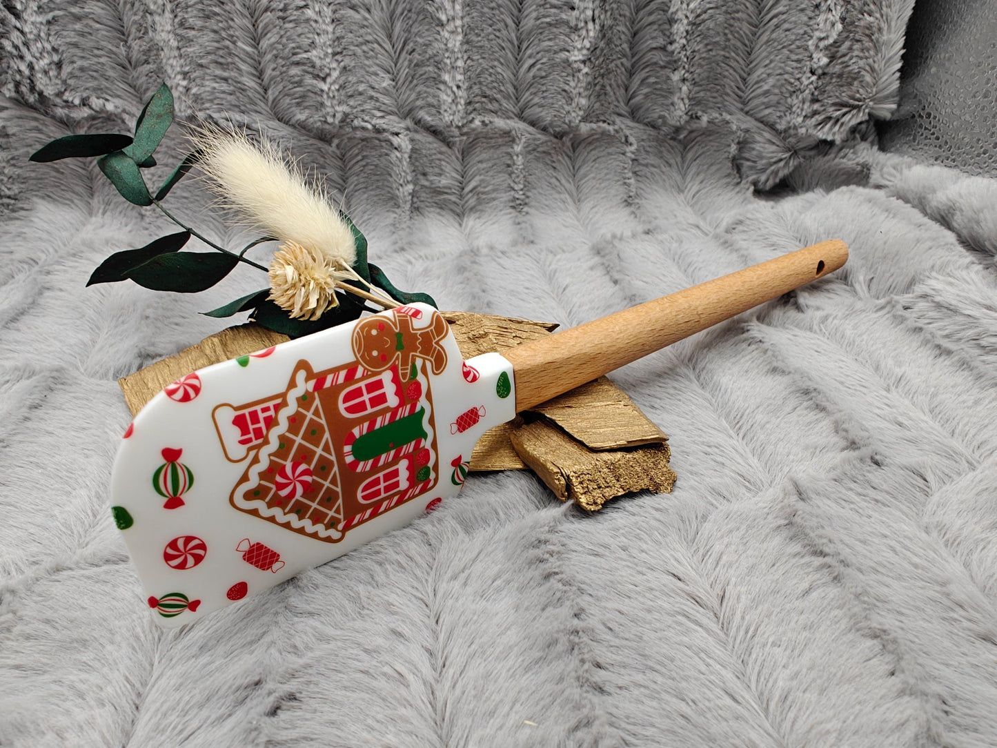Silikonspatel Weihnachten Lebkuchenhaus Teigschaber backen, kochen ca. 23 cm lang mit Wunschgravur personalisiert Geschenk