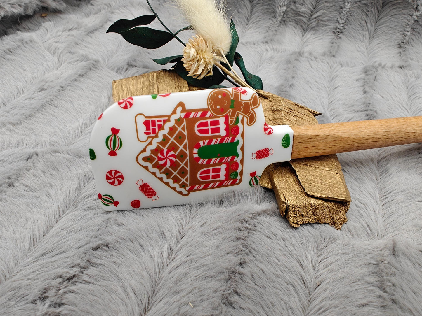Silikonspatel Weihnachten Lebkuchenhaus Teigschaber backen, kochen ca. 23 cm lang mit Wunschgravur personalisiert Geschenk