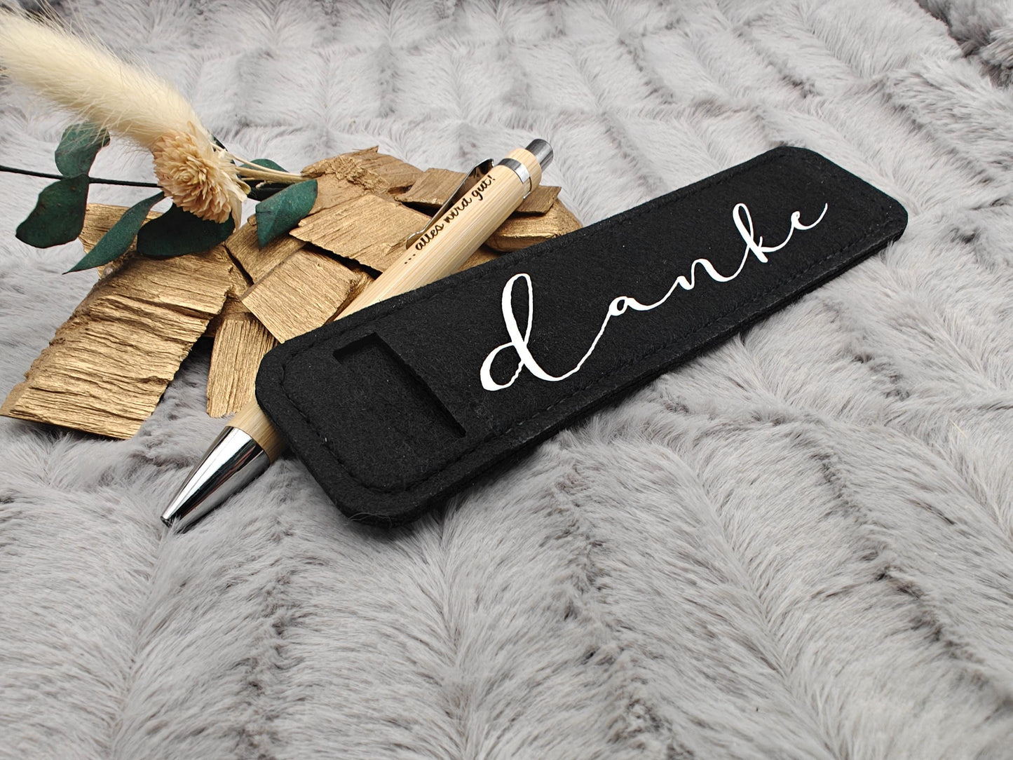 Kugelschreiber personalisiert aus Bambus mit Gravur und Filzetui mit Danke schwarz Kuli Stift Holz Gastgeschenk Geschenk Gift